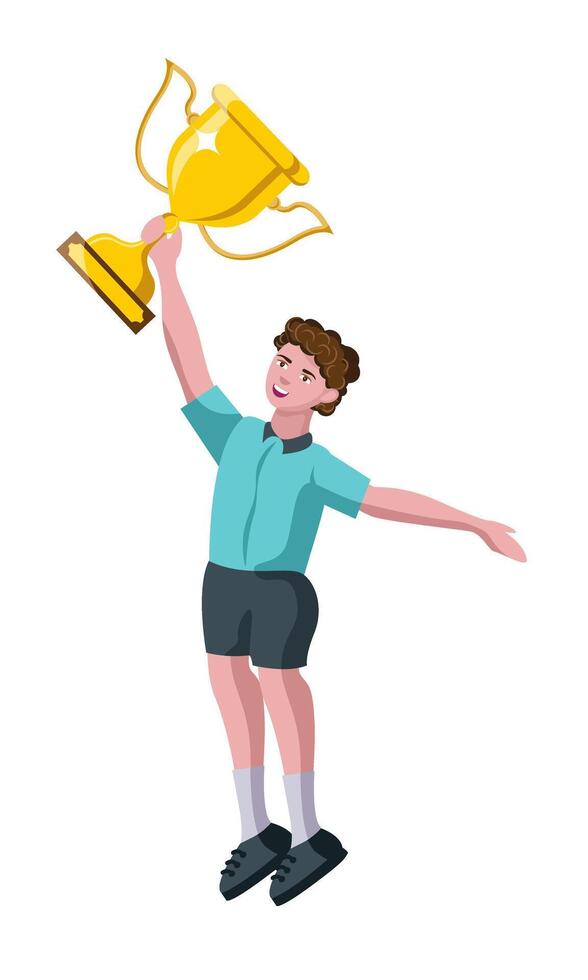 happy school boy, kid holding trophy and jumping vector