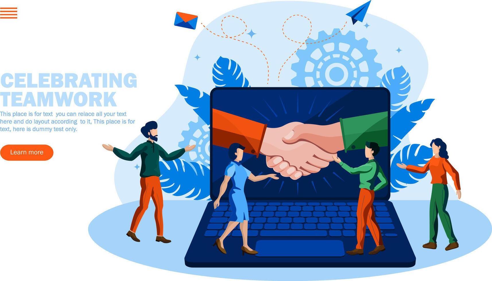people celebrating teamwork and processes with joining hands in computer concept vector illustration