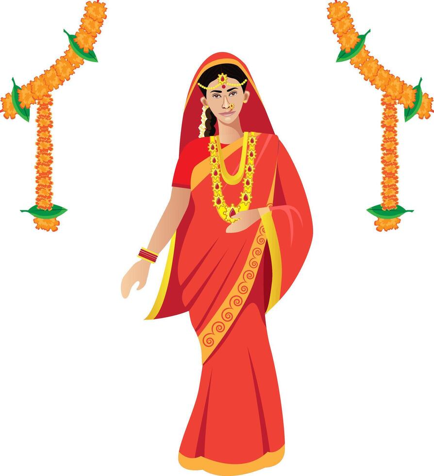 maharastrian, hindu bridge standing for wedding, vector