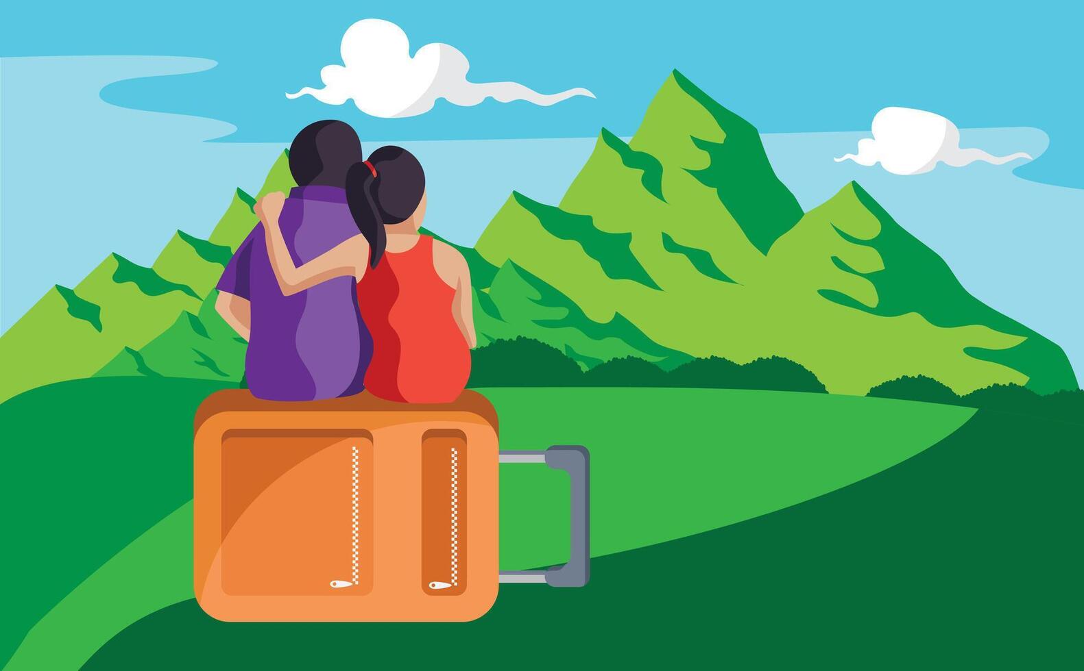travelling couple sitting on bag looking mountains, holiday. relax vector