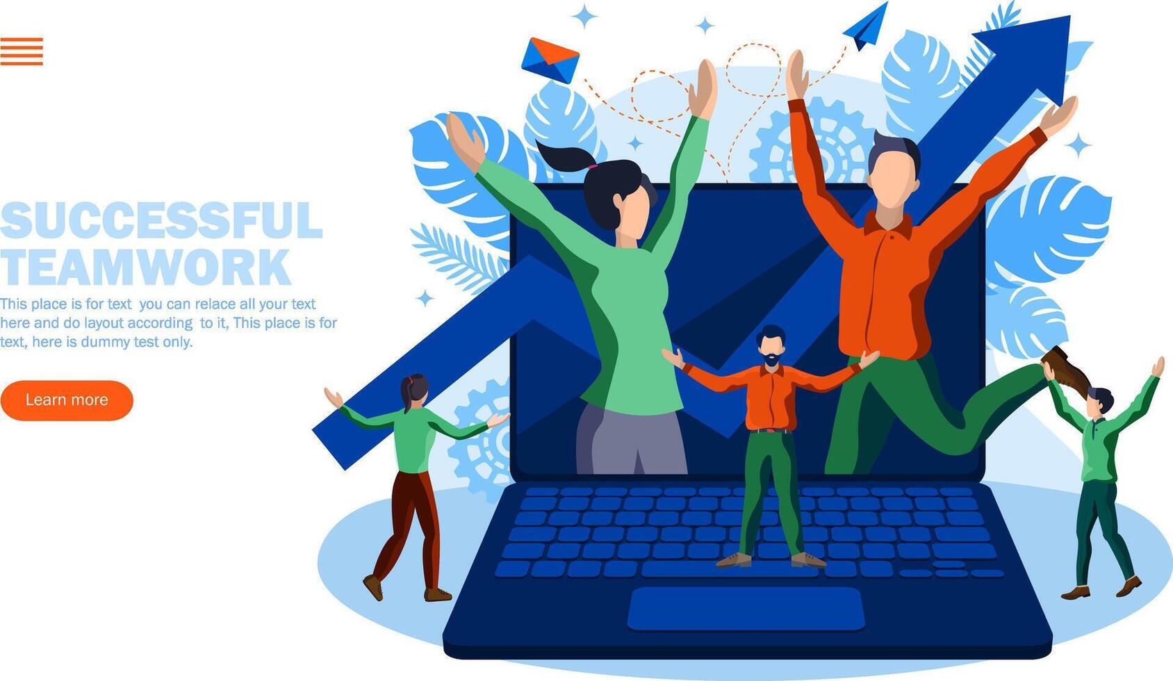 team celebrating success, growth with computer and growth arrow concept concept vector illustration