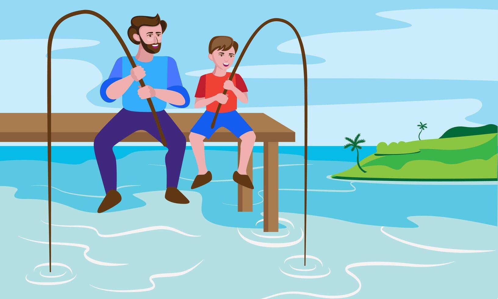 father and son fishing vector