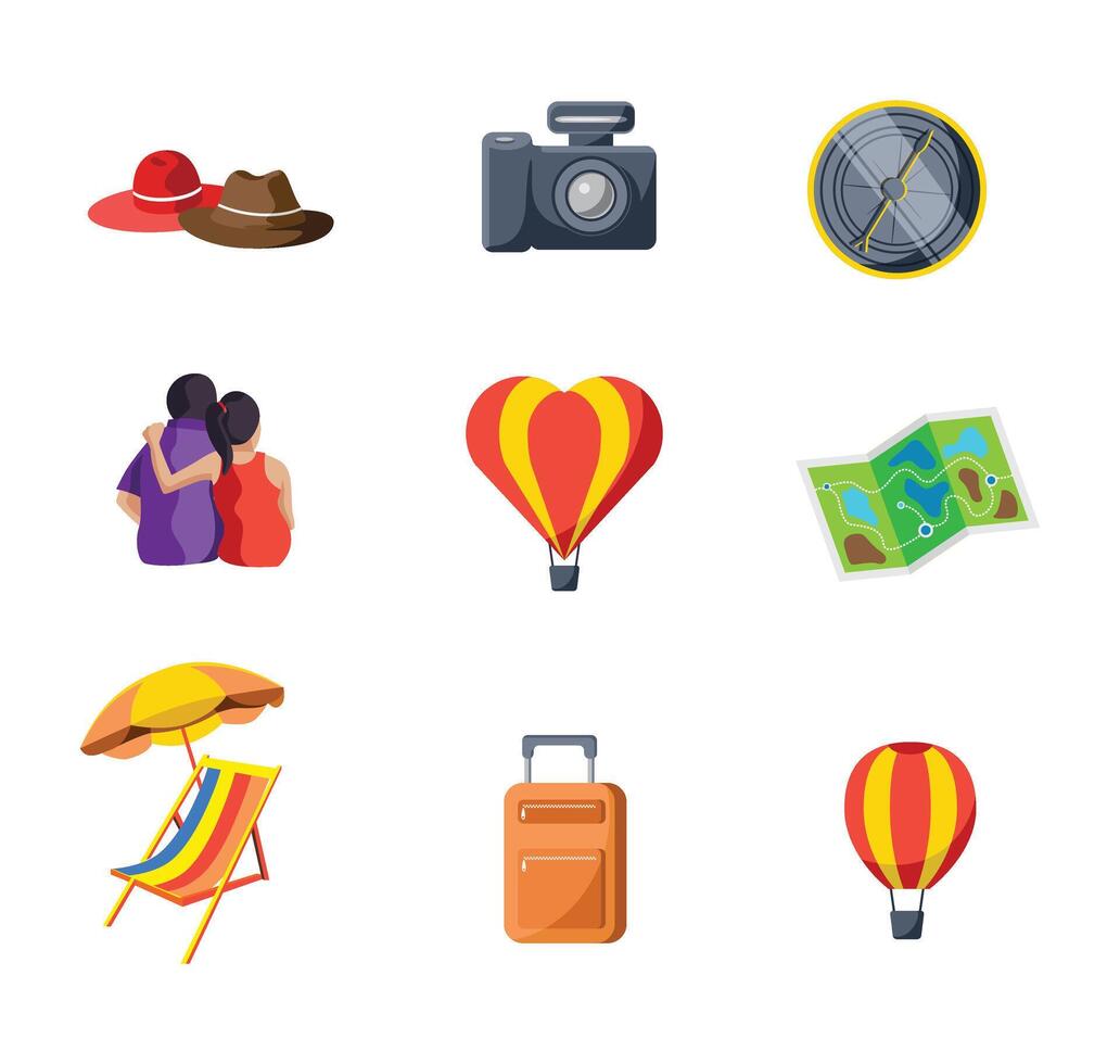 essential travelling vacation icon set vector