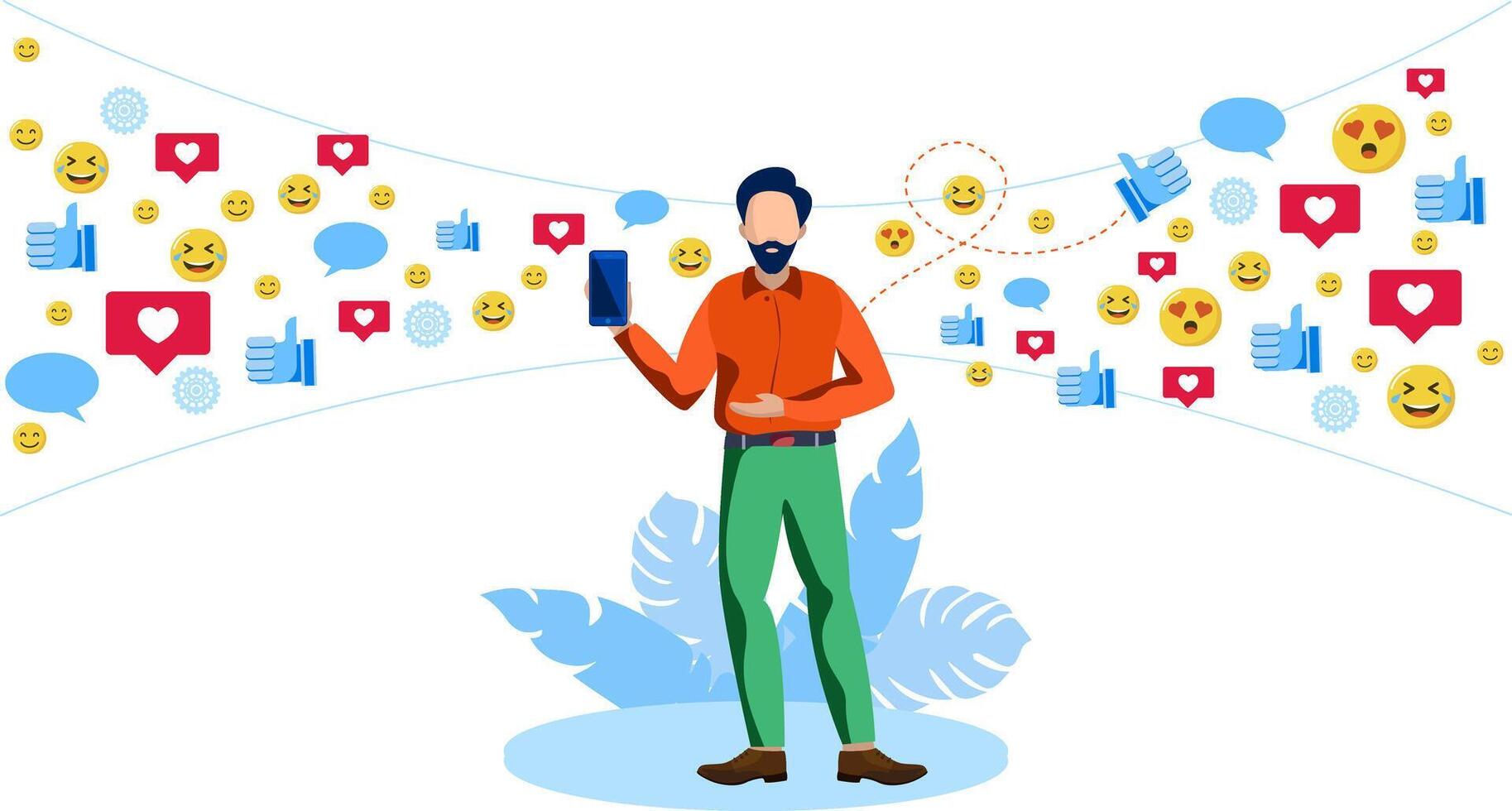 social media icons and man showing phone vector illustration concept