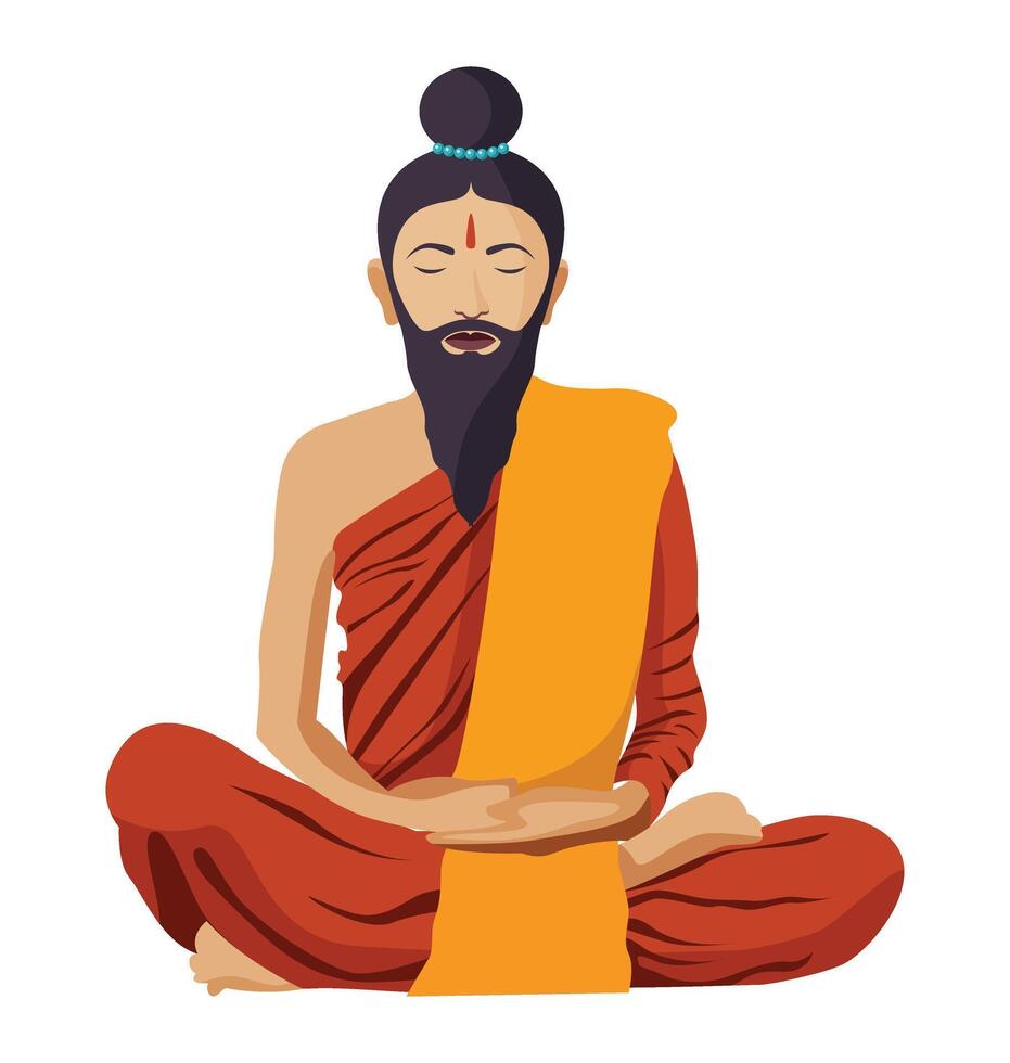 Buddhist tibetan monk meditation with beard isolated. Spiritual vector