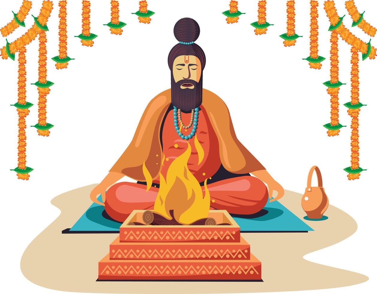 sadhu haciendo la habana en frente de fuego vector ilustración