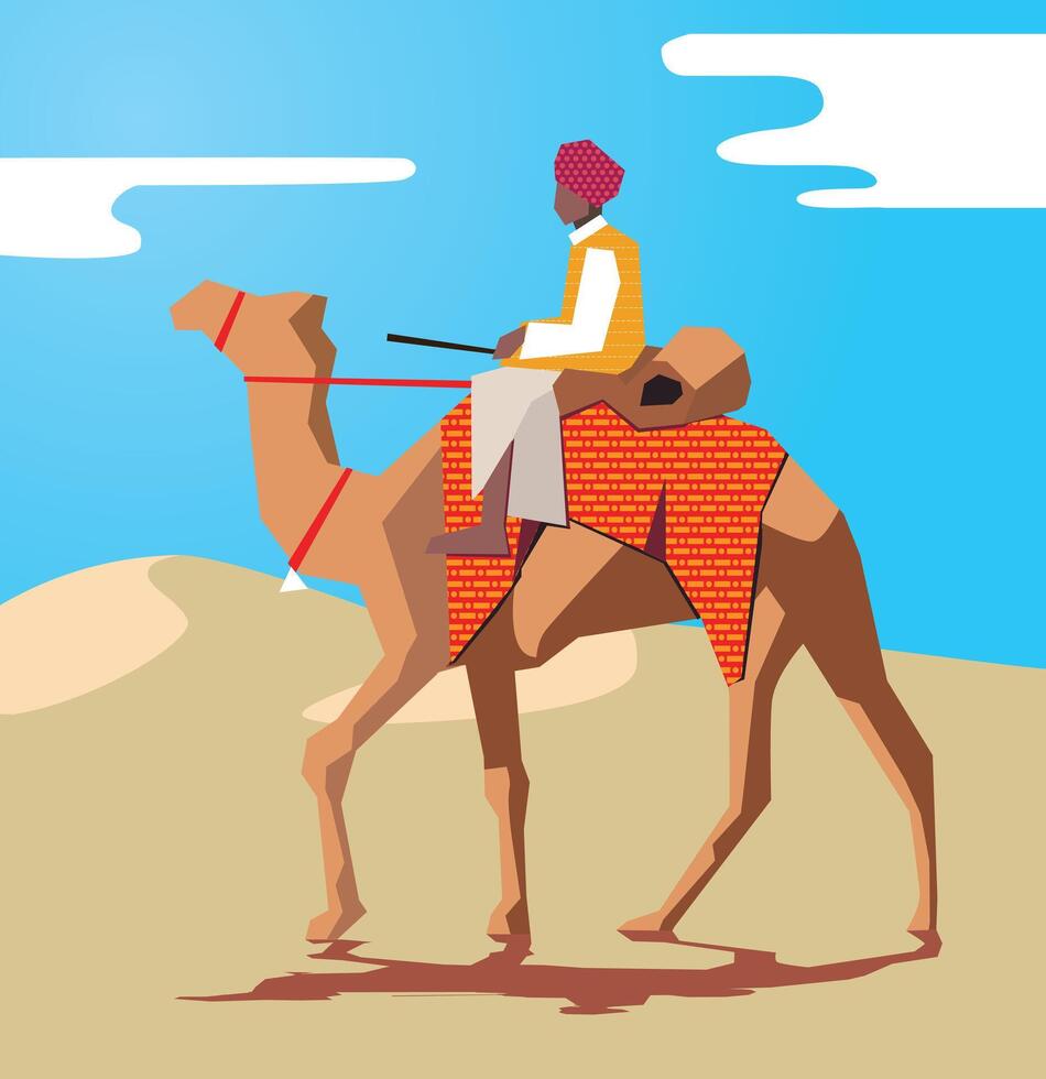Indian rajasthani man on camel ride in desert royalty free vector illustration