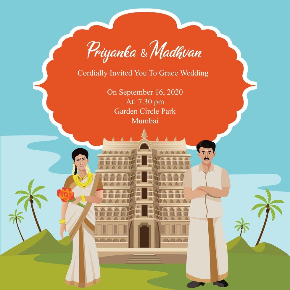 indio kerala Boda tarjeta invitación diseño modelo con templo vector