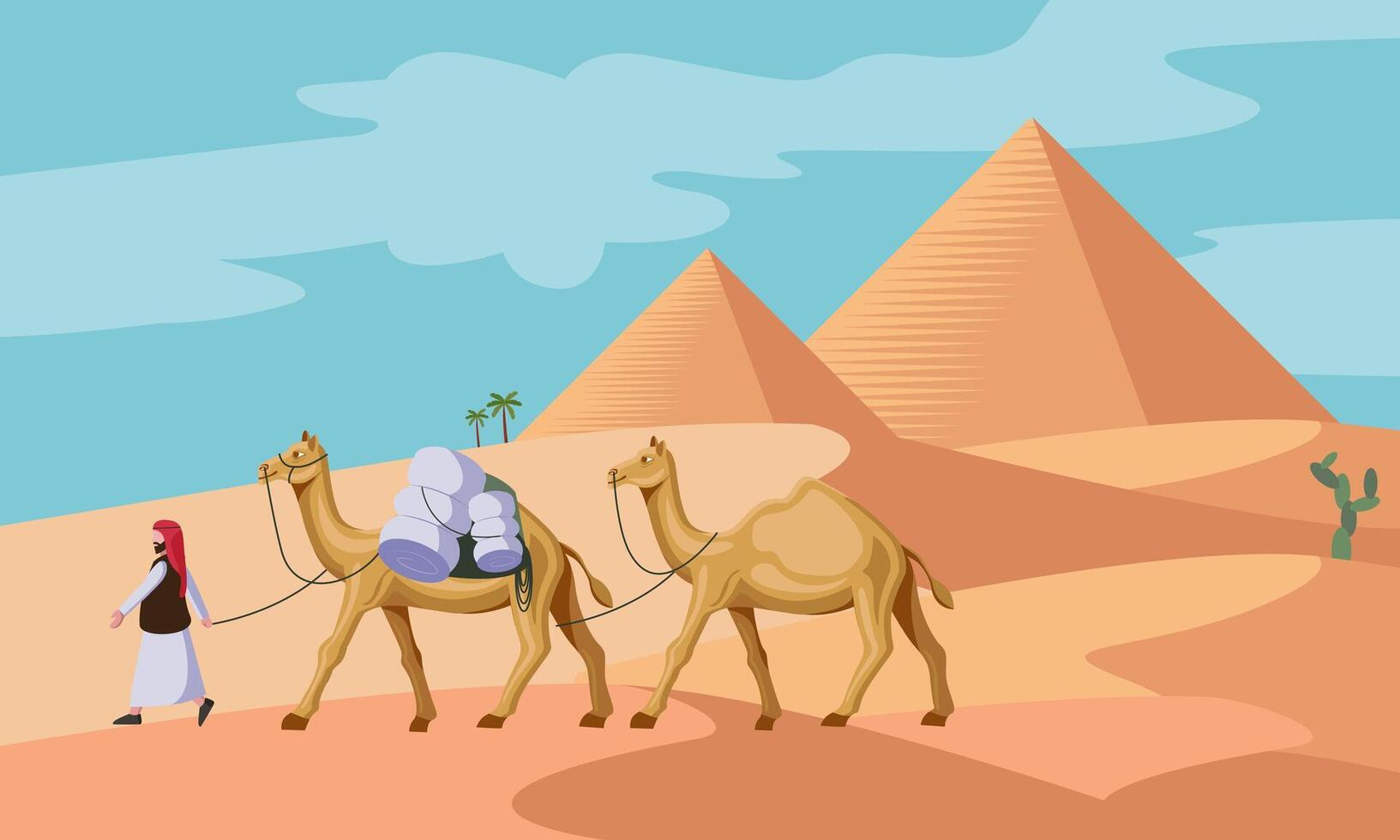 hombre con camello caminando cerca Egipto pirámides vector