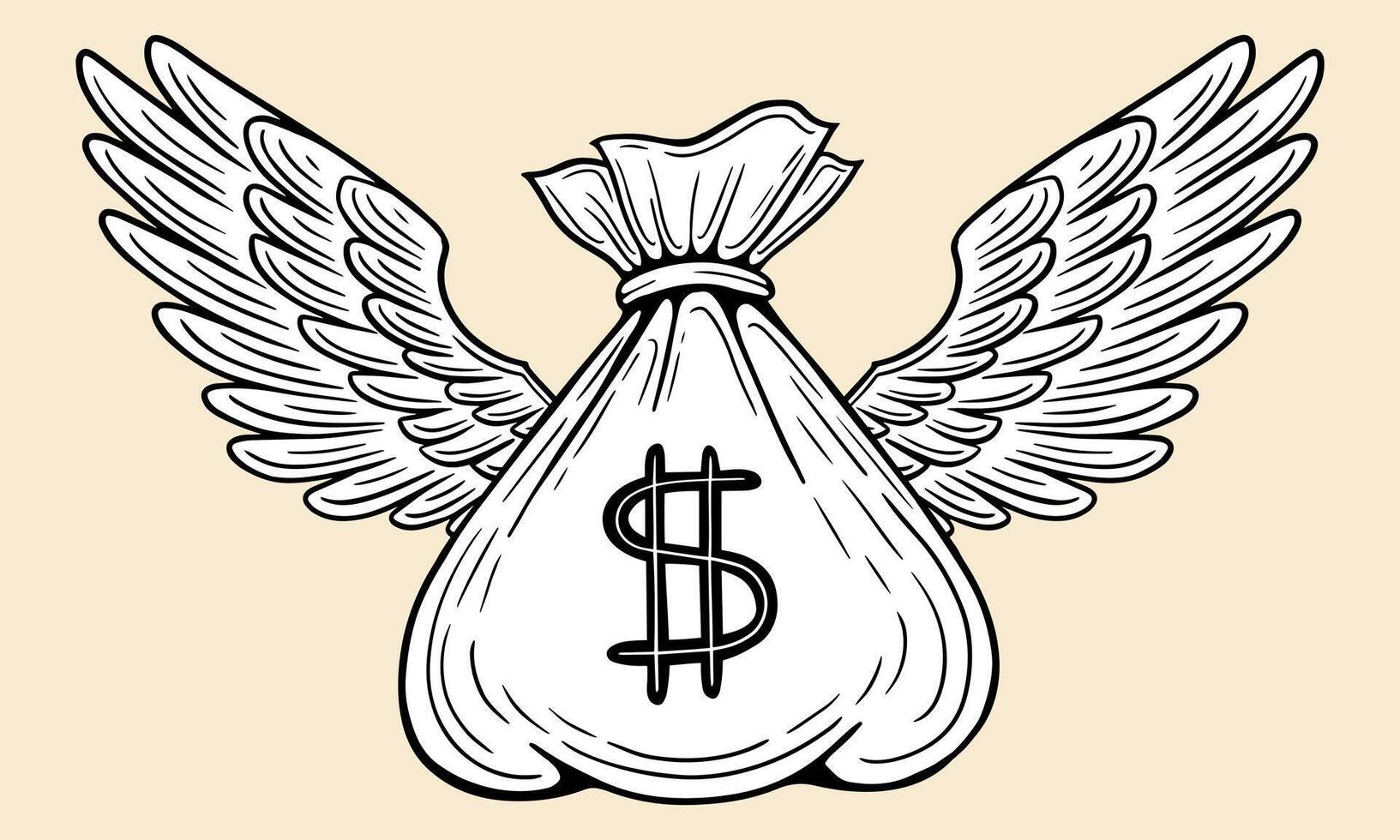 money bag with wings, money flying  hand drawn  vector illustration