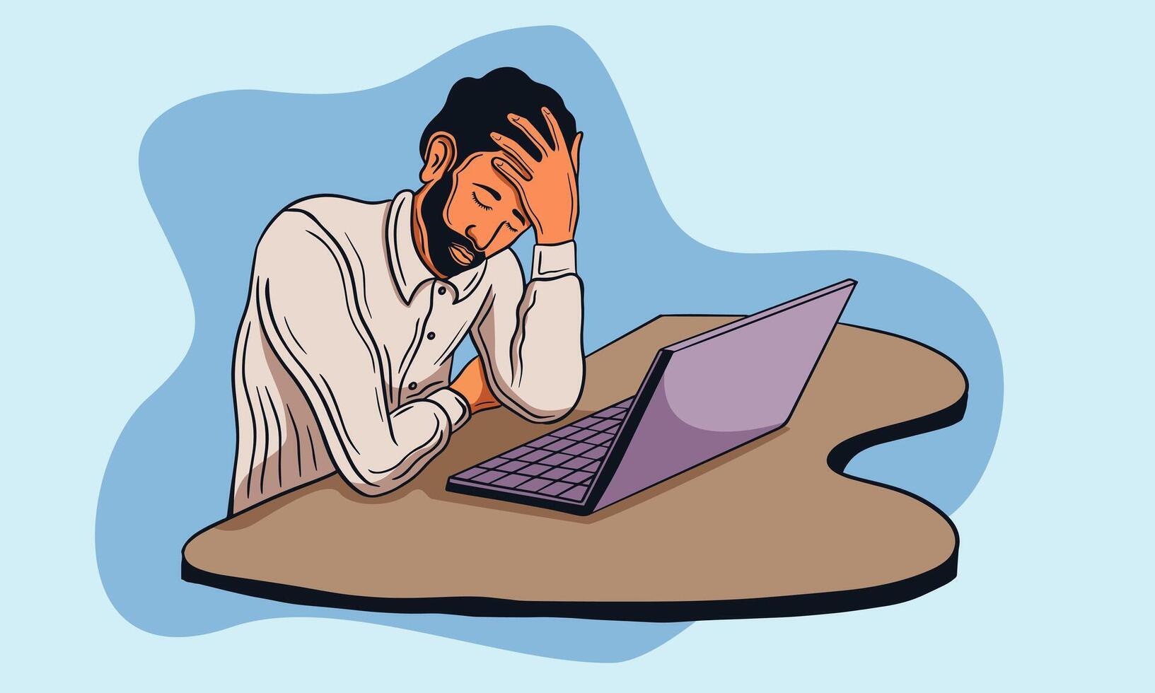 sad, frustrated man working on laptop, frustrated man  hand drawn  vector