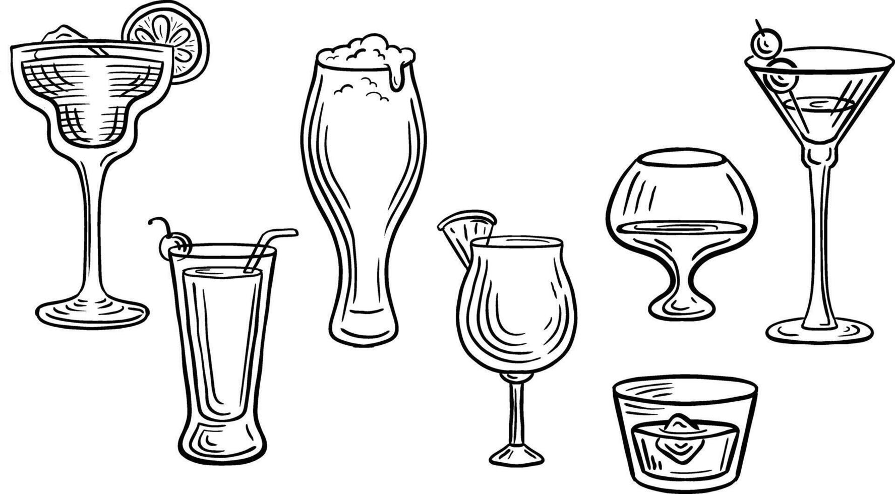 cocktail drink glasses hand drawn engraved sketch drawing vector