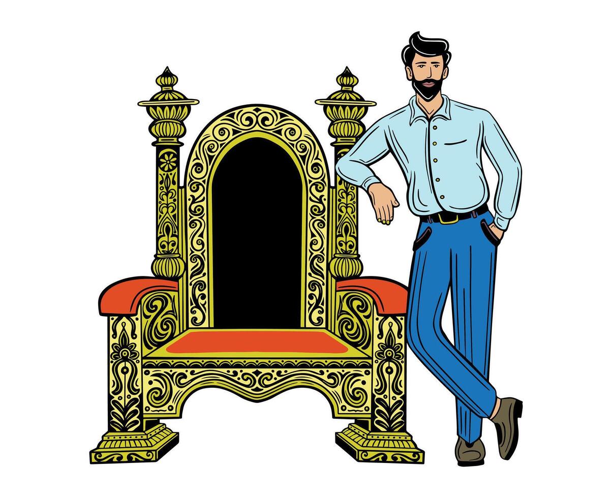 confident, successful man standing with throne chair hand drawn vector
