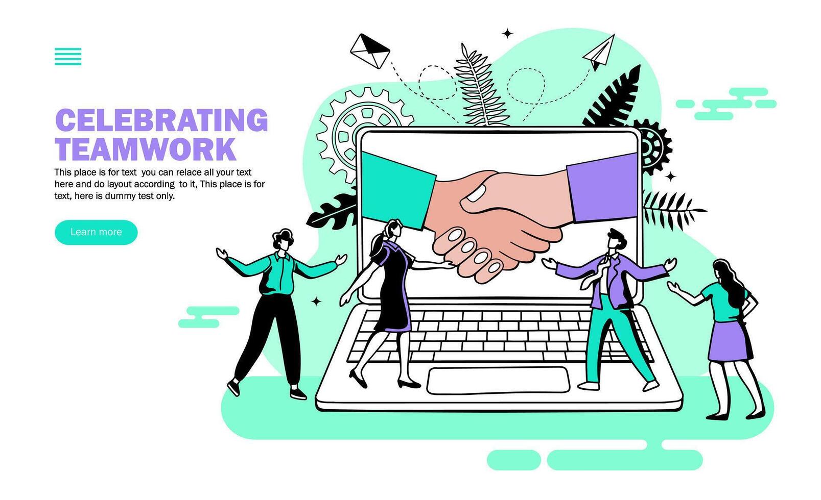 hands joining in computer with people celebrating teamwork, shake hand, congratulation vector