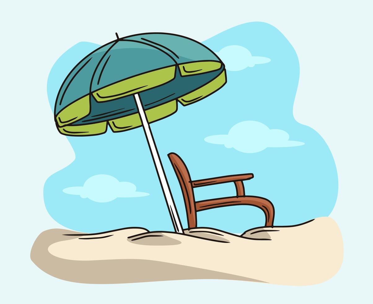 wooden beach chair with umbrella vector