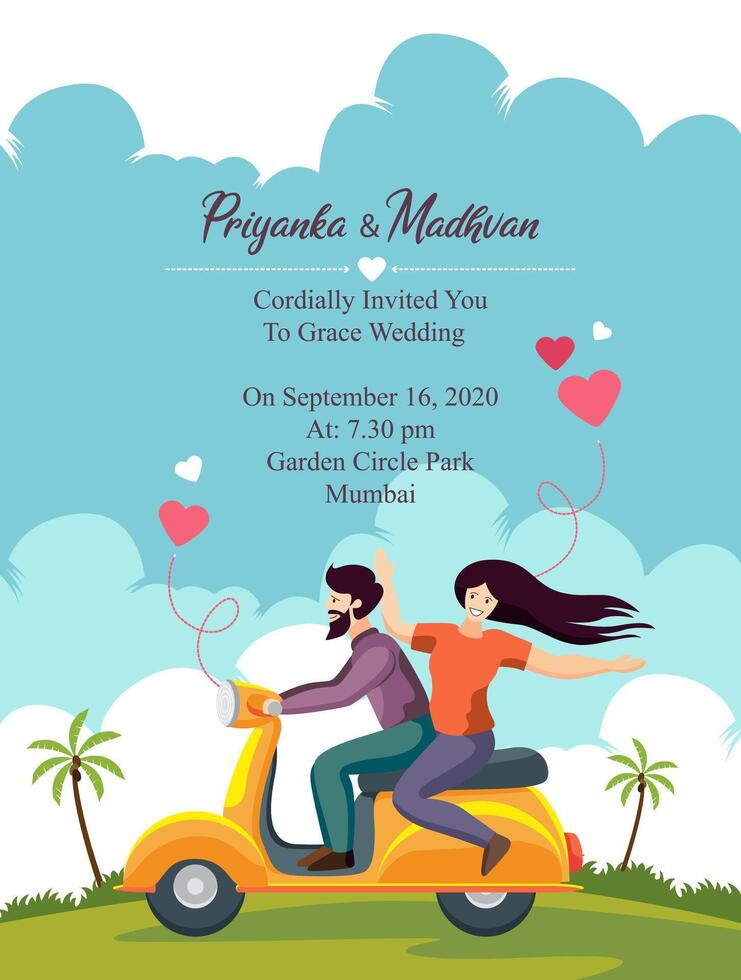 wedding card invitation design template with couple on bike vector