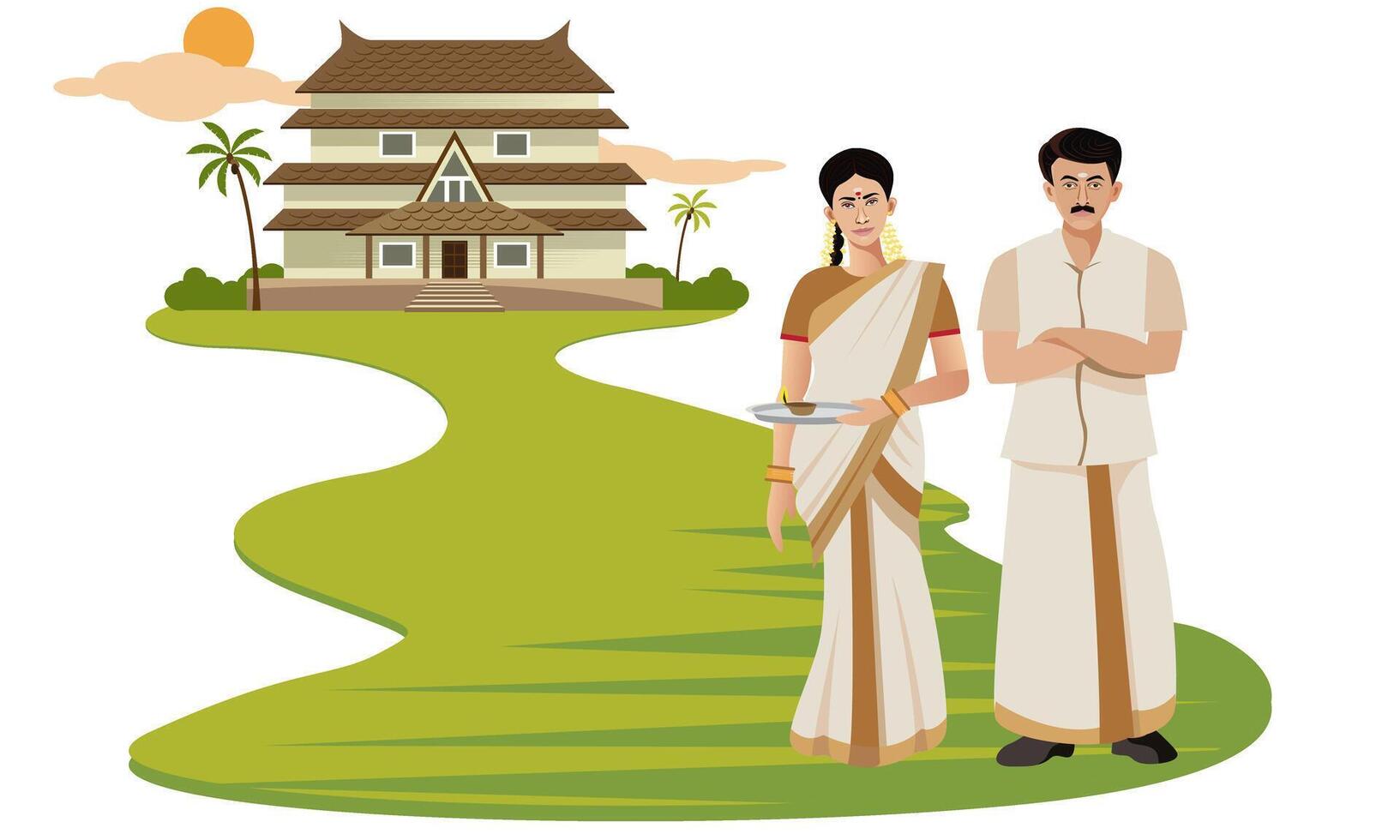 south indian traditional kerala man and woman standing in front of house vector