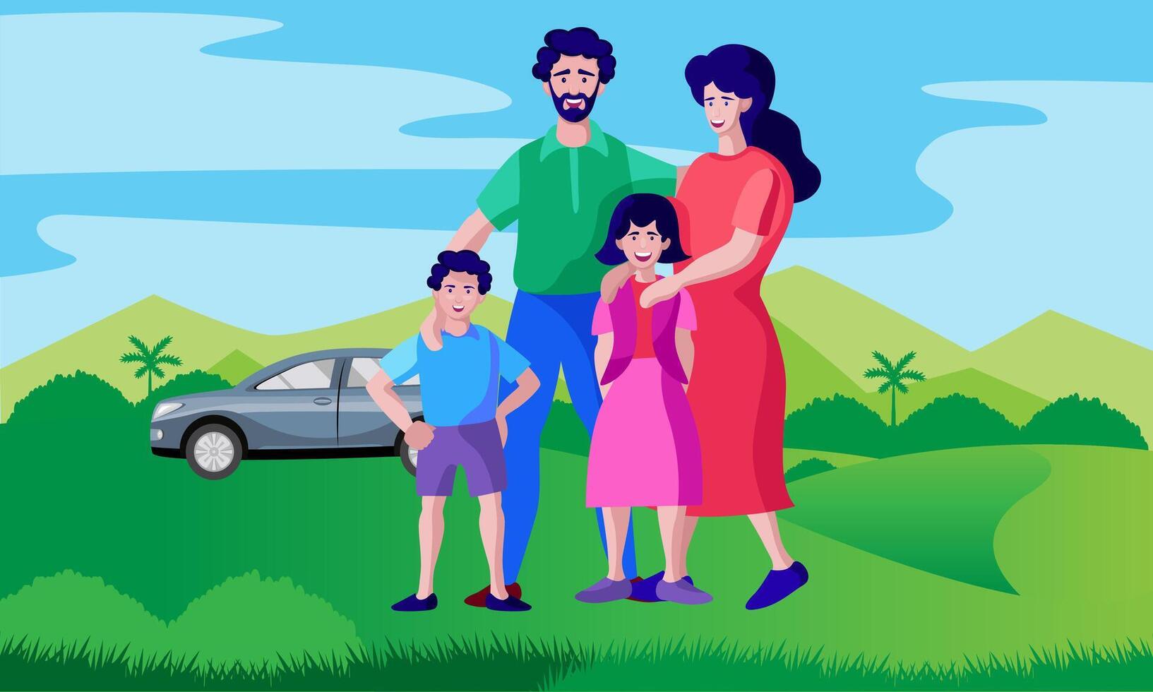 family standing in nature and car vector