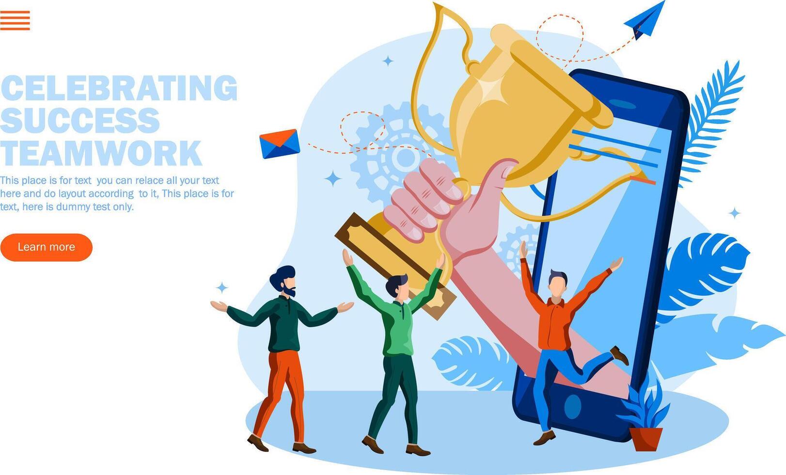 team celebrating teamwork with big winning hand trophy coming out from mobile concept vector illustration