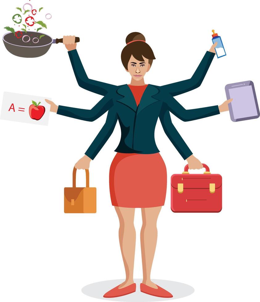 Multitasking woman balancing life with multiple hands vector