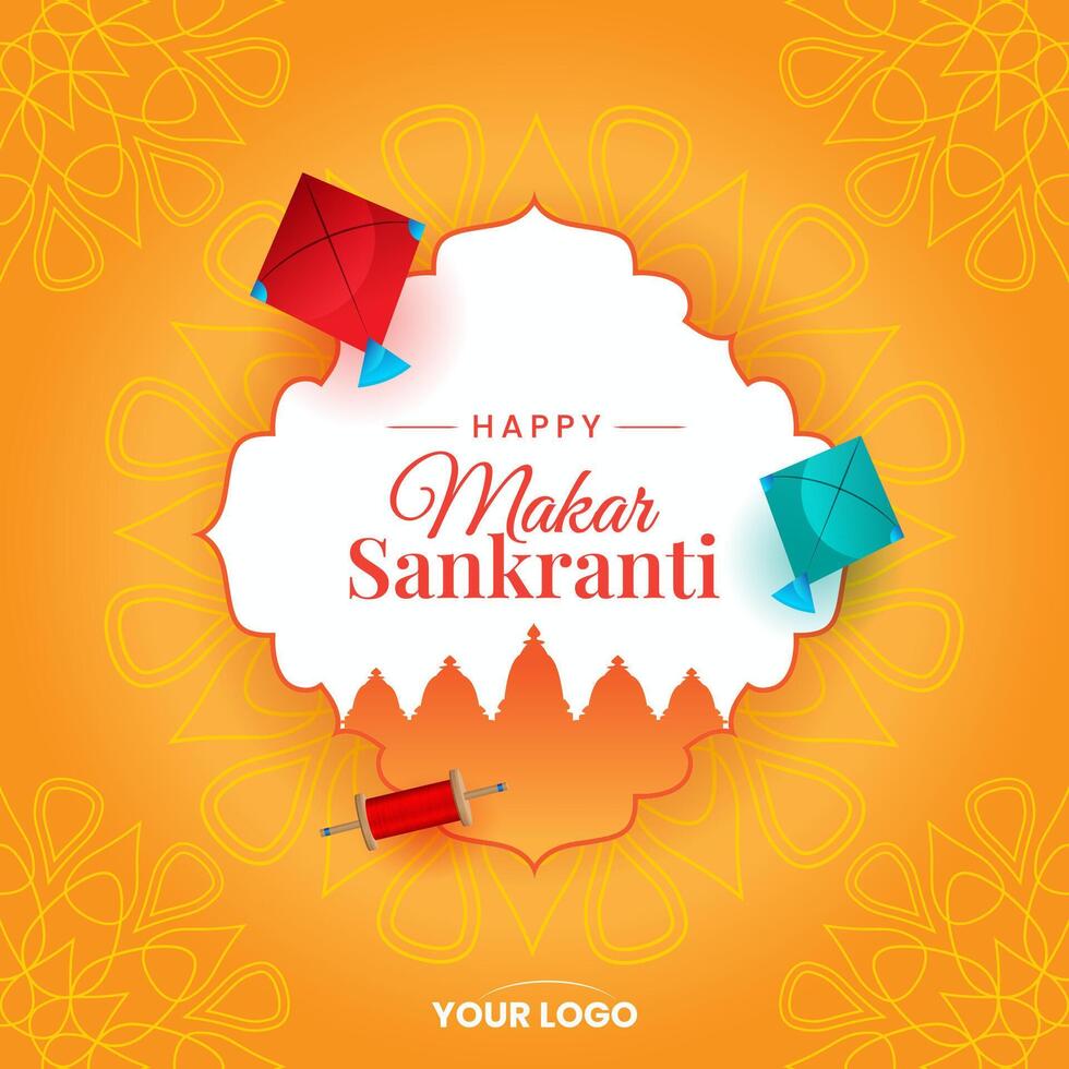 makar sankranti with kites yellow mandala festival background vector