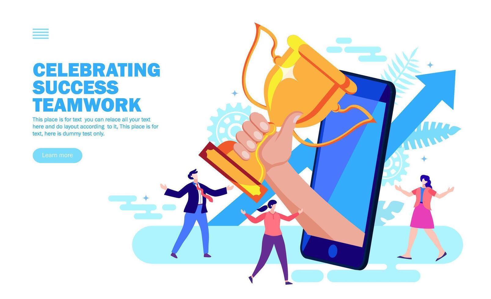 team celebrating teamwork with trophy in hand coming out from mobile, team work, app start up vector illustration