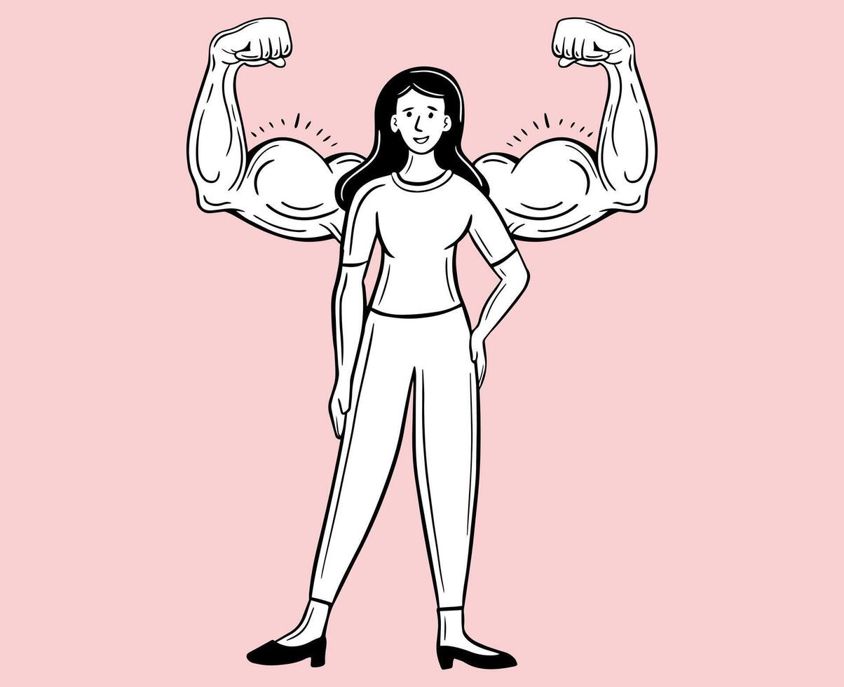 strong woman, fearless girl with strong muscle arm around,   hand drawn  vector