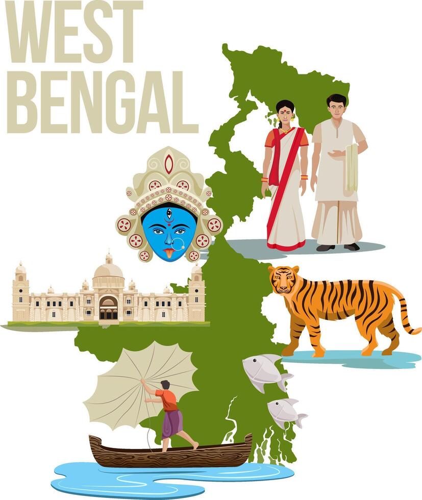 west bengal culture collage with map vector