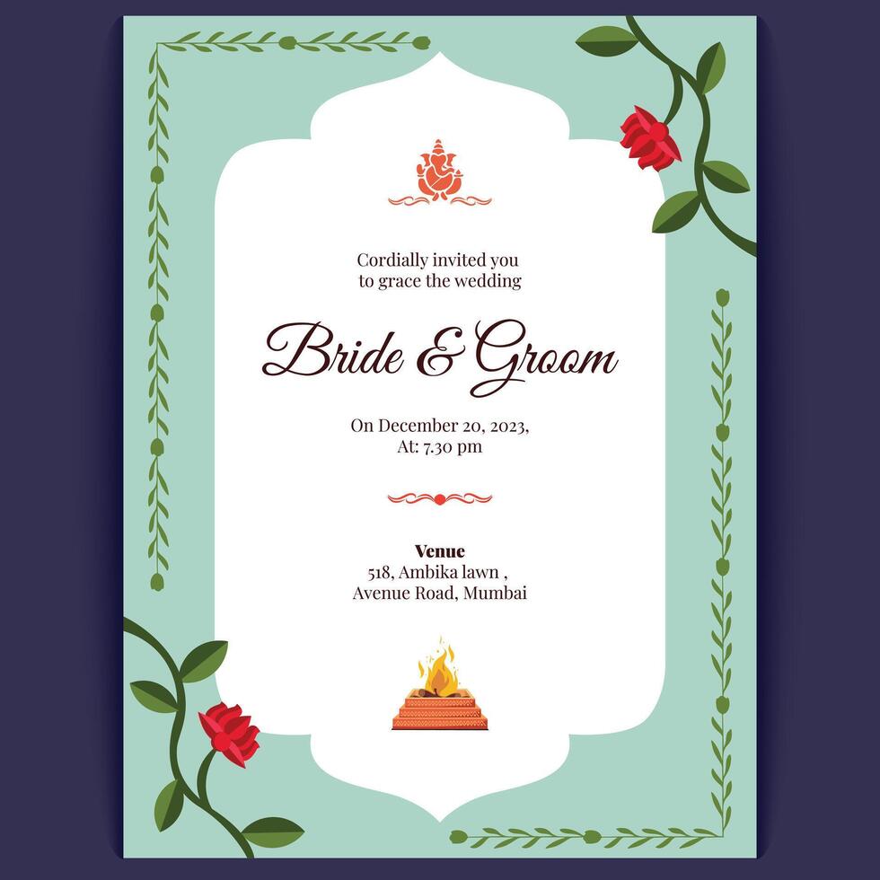 Floral indian wedding card design, invitation template vector