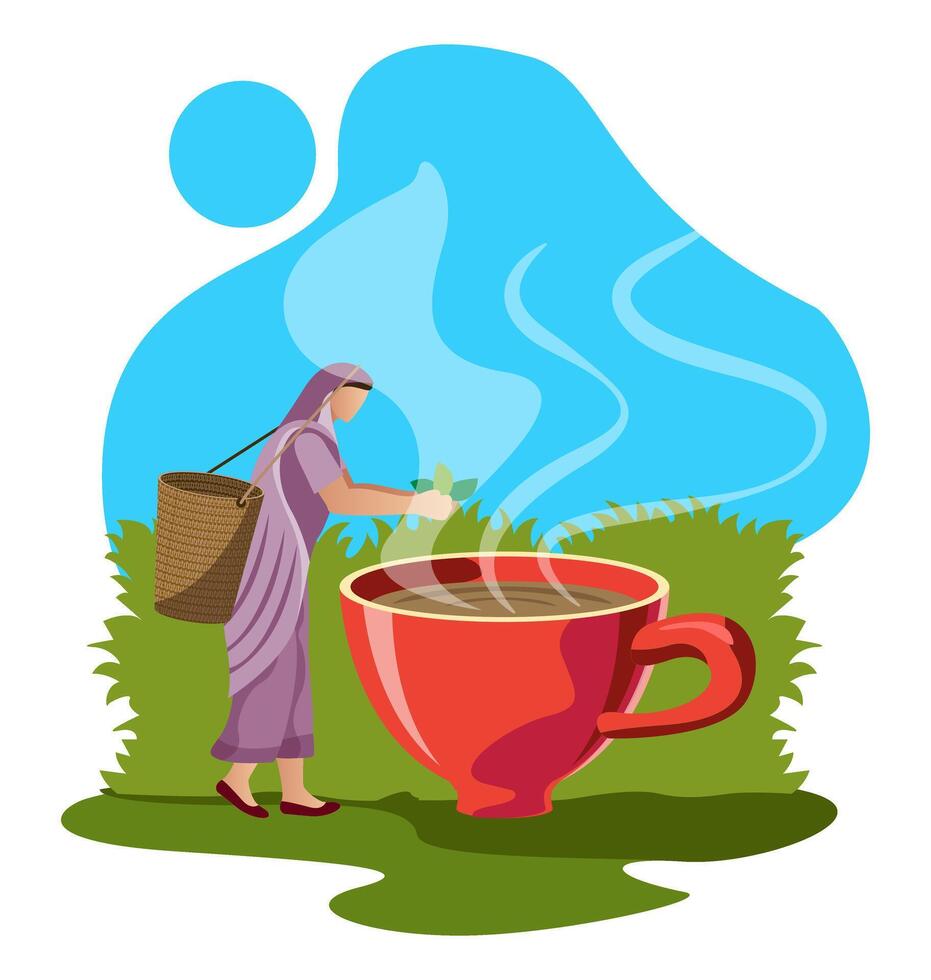 fresh tea concept, tea leaf harvester woman and tea cup vector