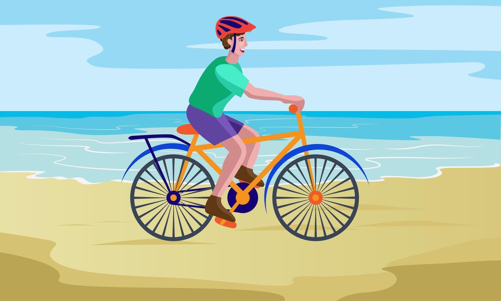 boy cycling at seashore vector
