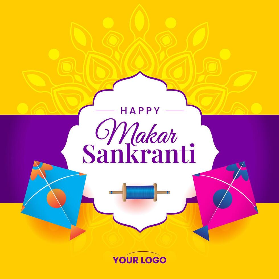 makar sankranti with kites yellow mandala festive background vector