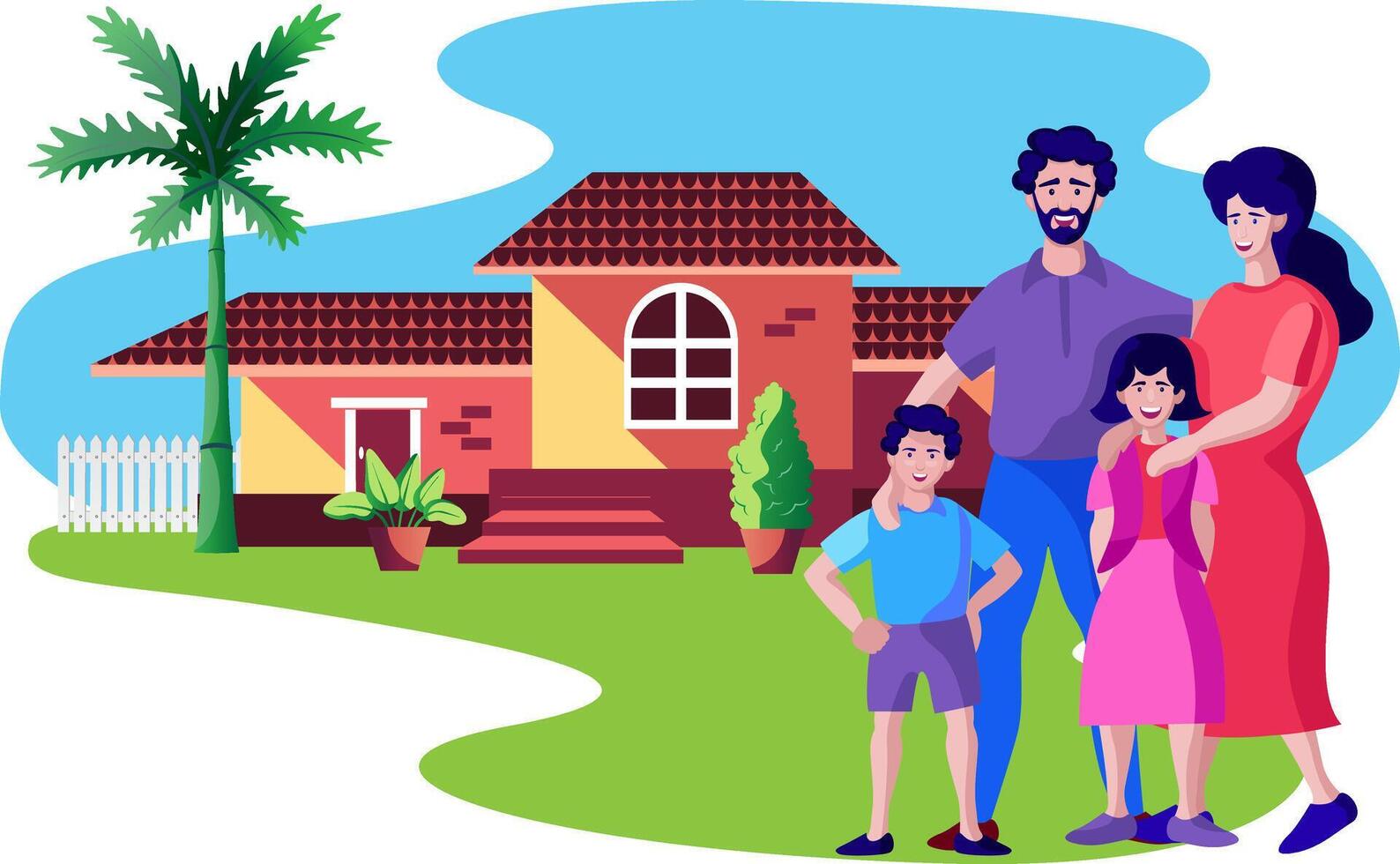 family standing in happy front of home vector