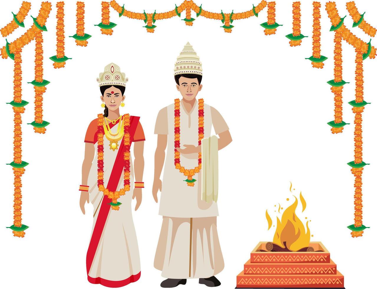 wedding bengali couple in traditional dress with hawan vector