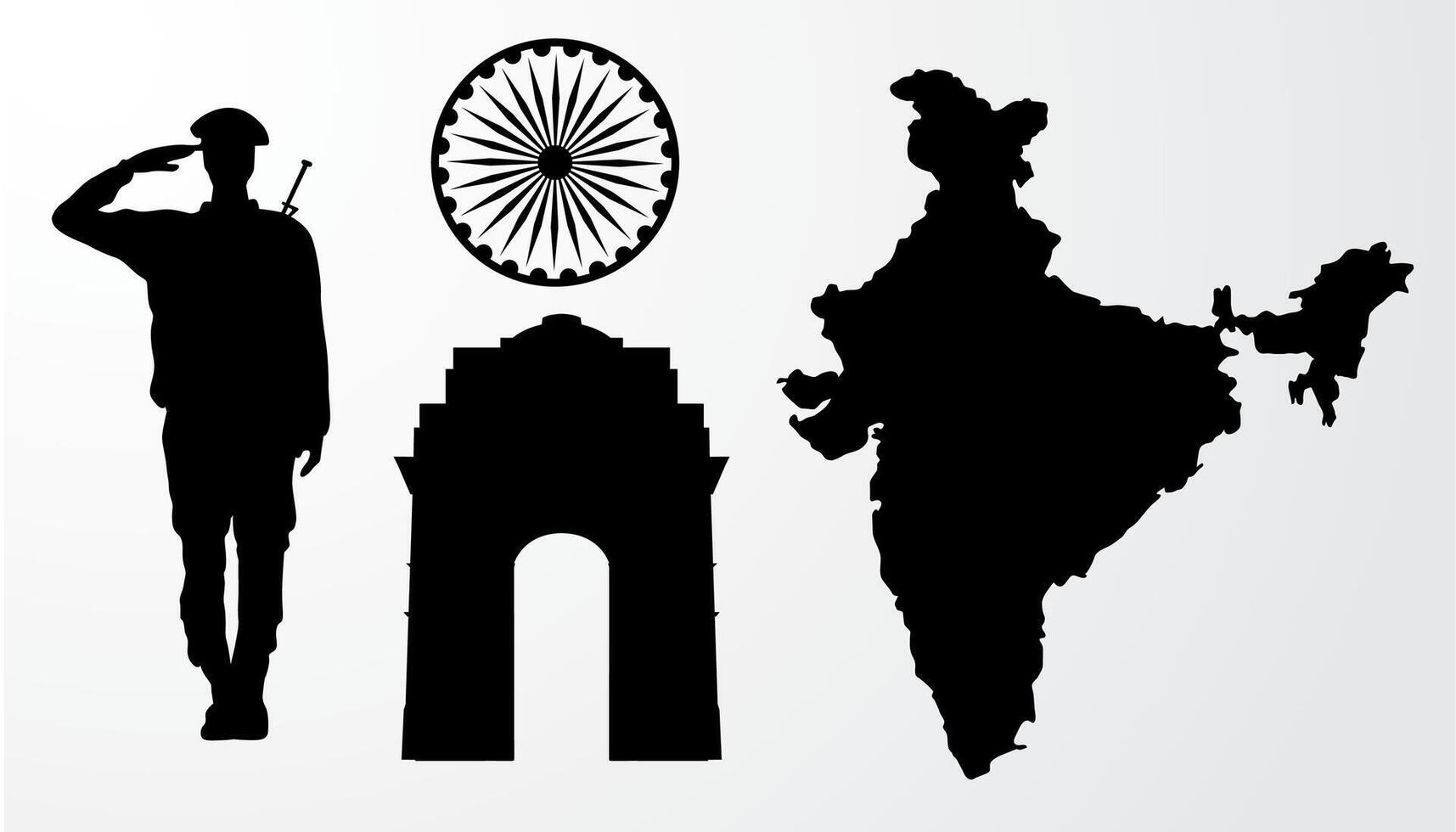 India mapa, India puerta, ashoka chakra y soldado silueta vector