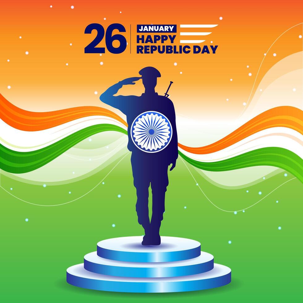 26 january republic day of india celebration with wavy indian flag and soldier vector