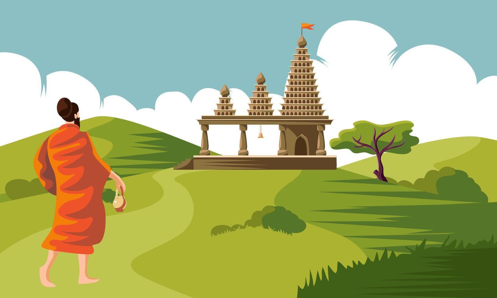 sadhu walking to temple backside vector
