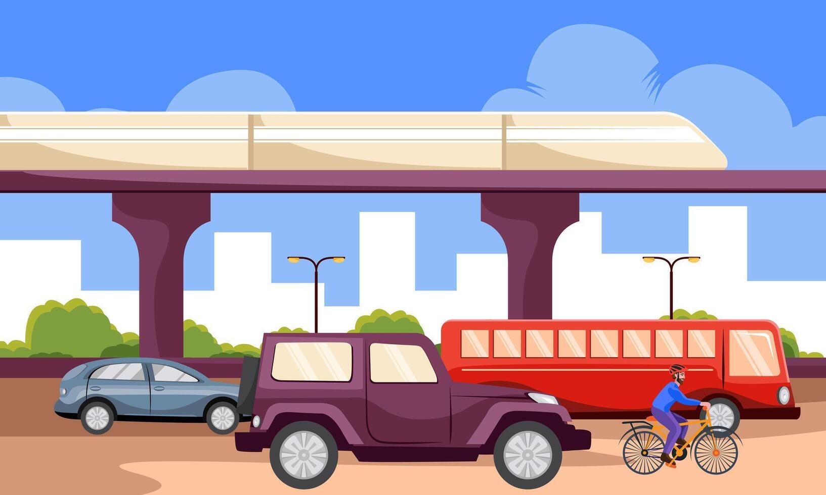 street with vehicles under metro elevator vector