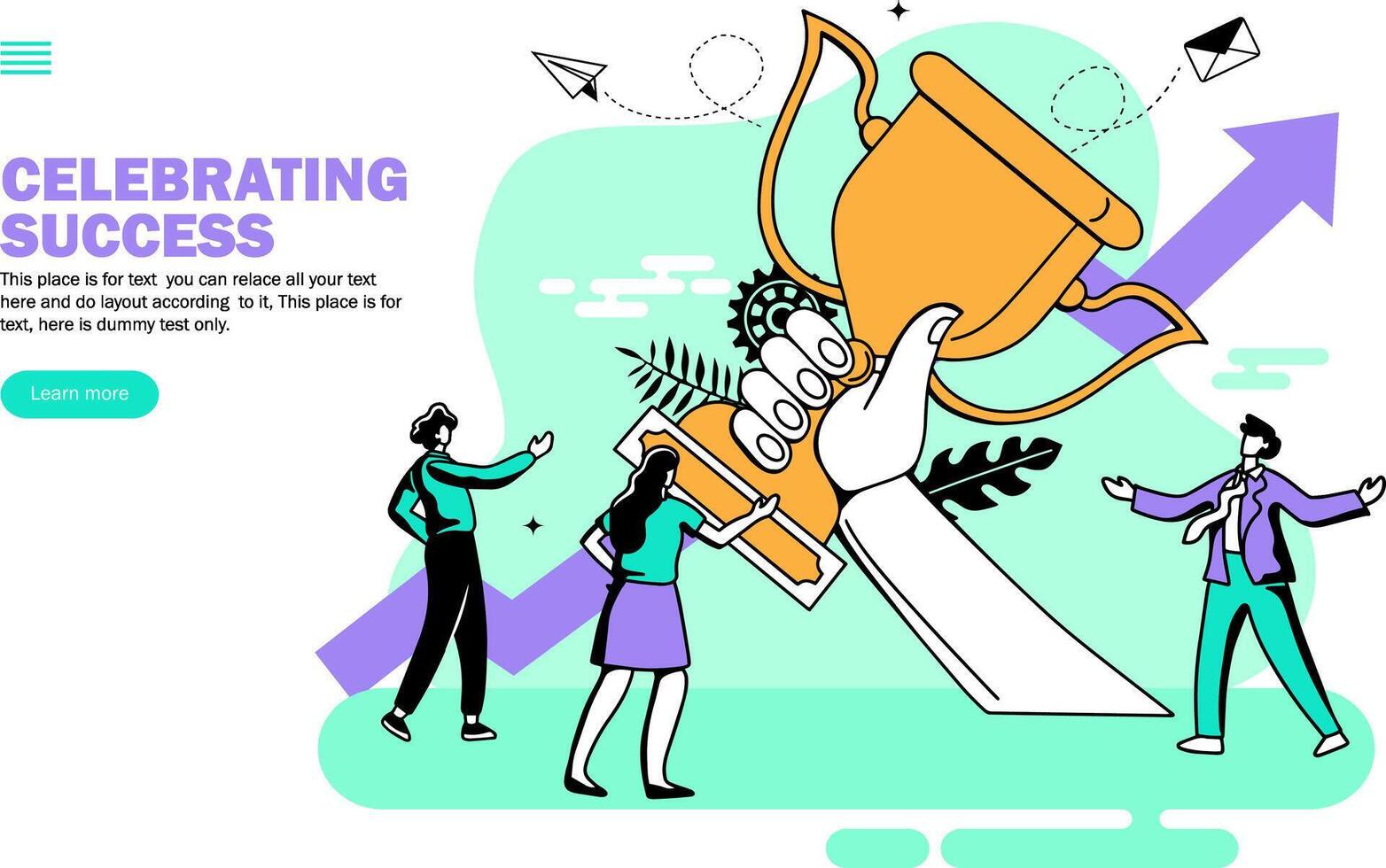 team with winning trophy in hand with growth arrow, celebration of teamwork, vector