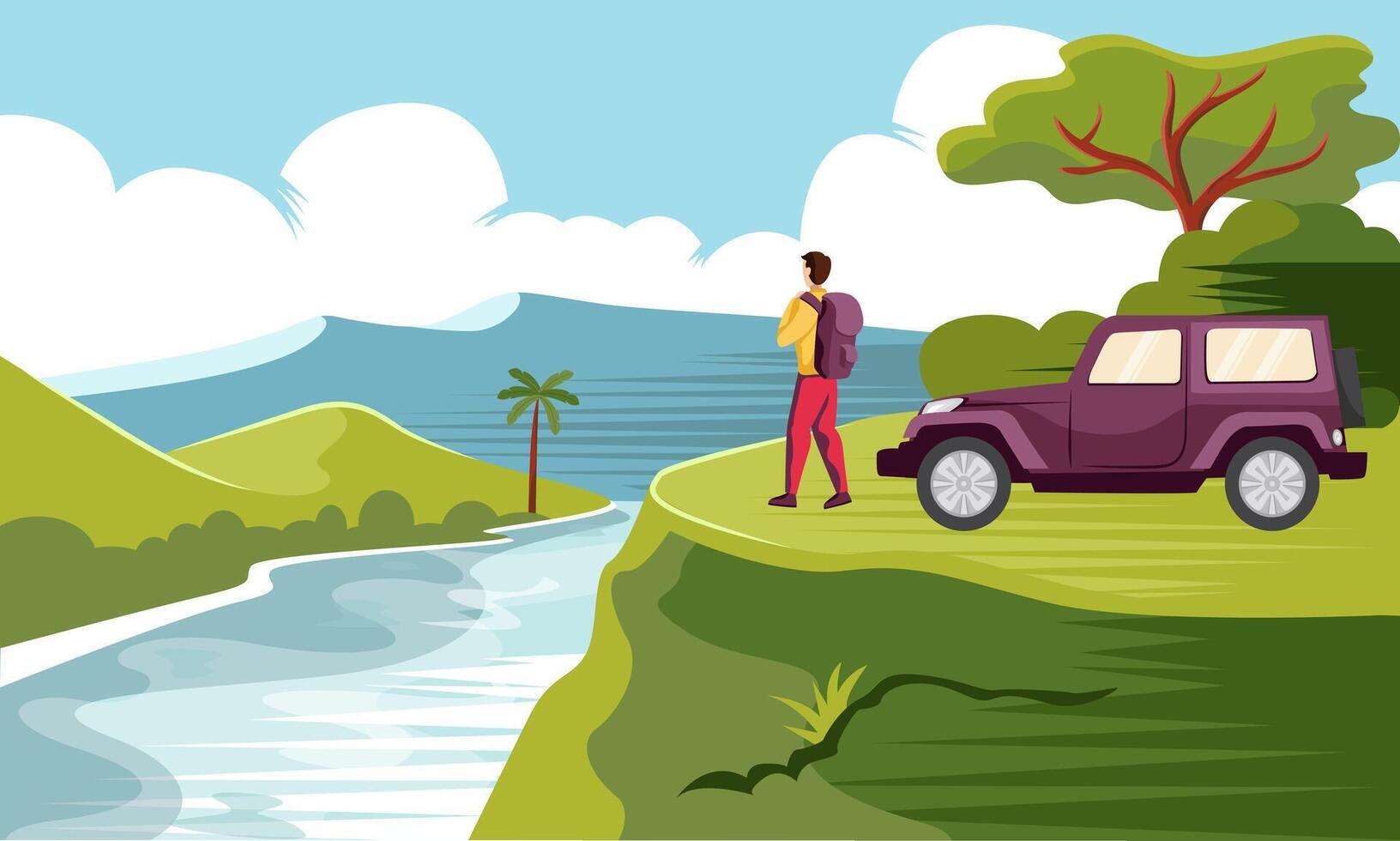 hombre de viaje con coche en salvaje, largo conducir vector