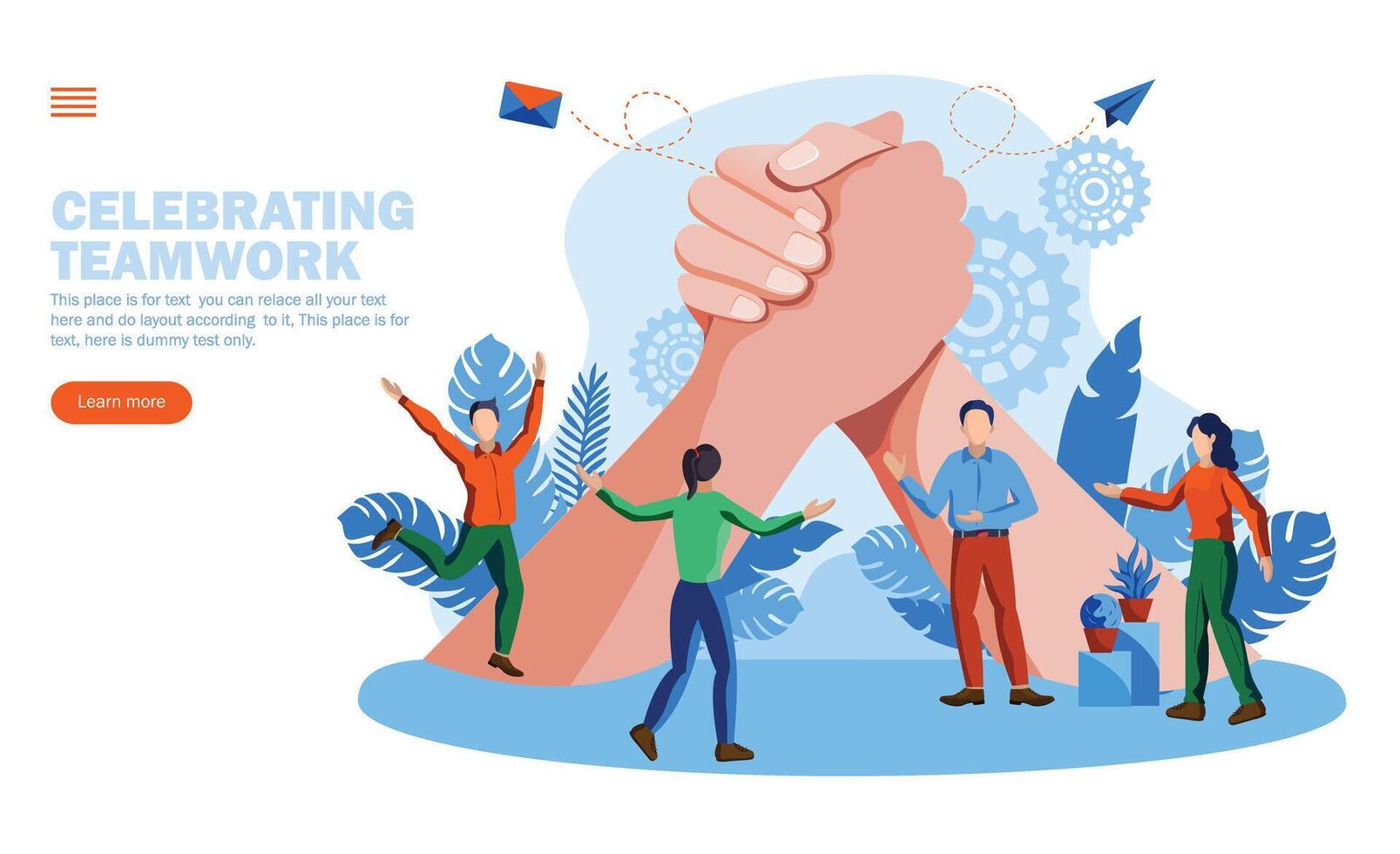 people celebrating teamwork and togetherness with discussion in front of big joining hands concept vector illustration