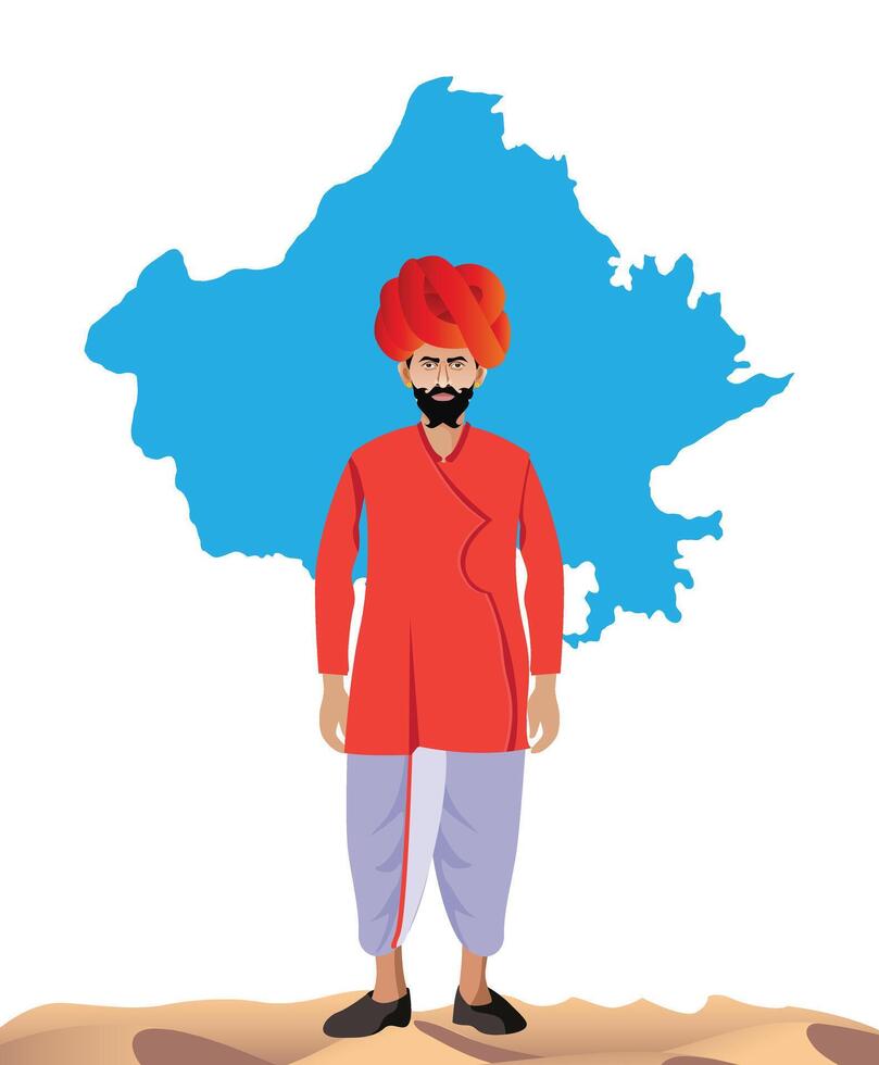 Rajasthani man standing in desert and rajasthan map vector