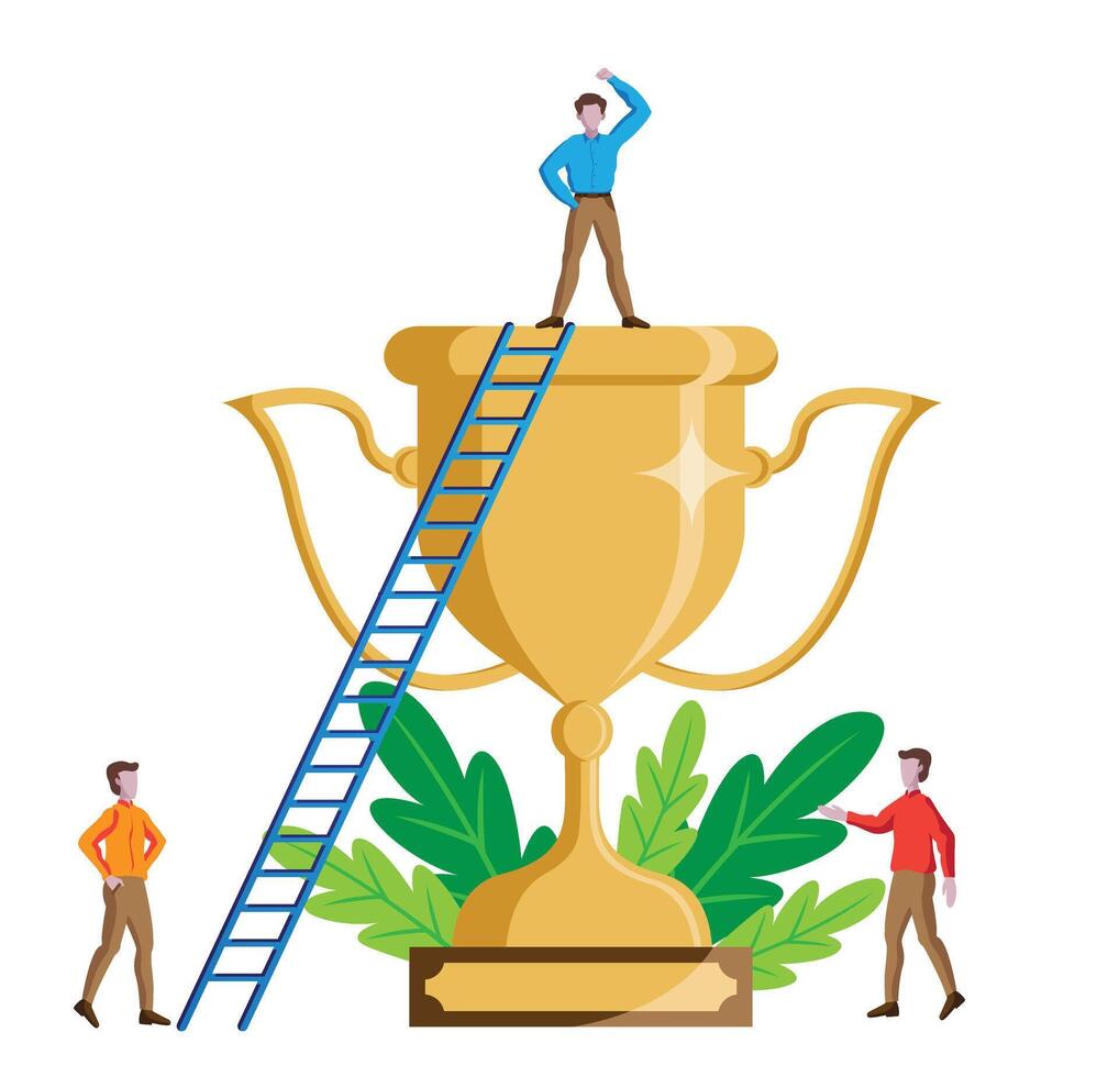 winner standing on trophy with ladder isolated vector