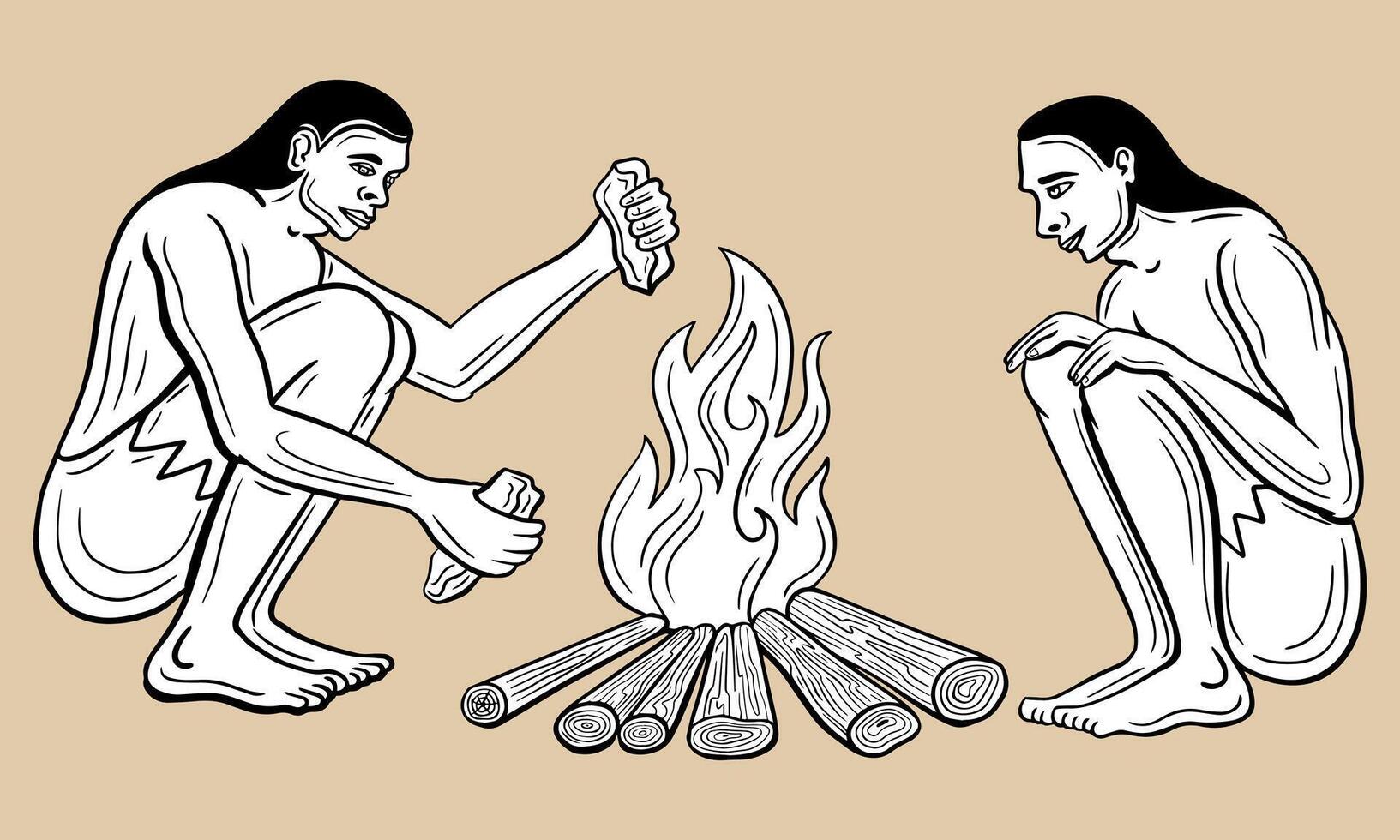 stone age people, caveman, primitive people around fire, ancient tribe  hand drawn vector