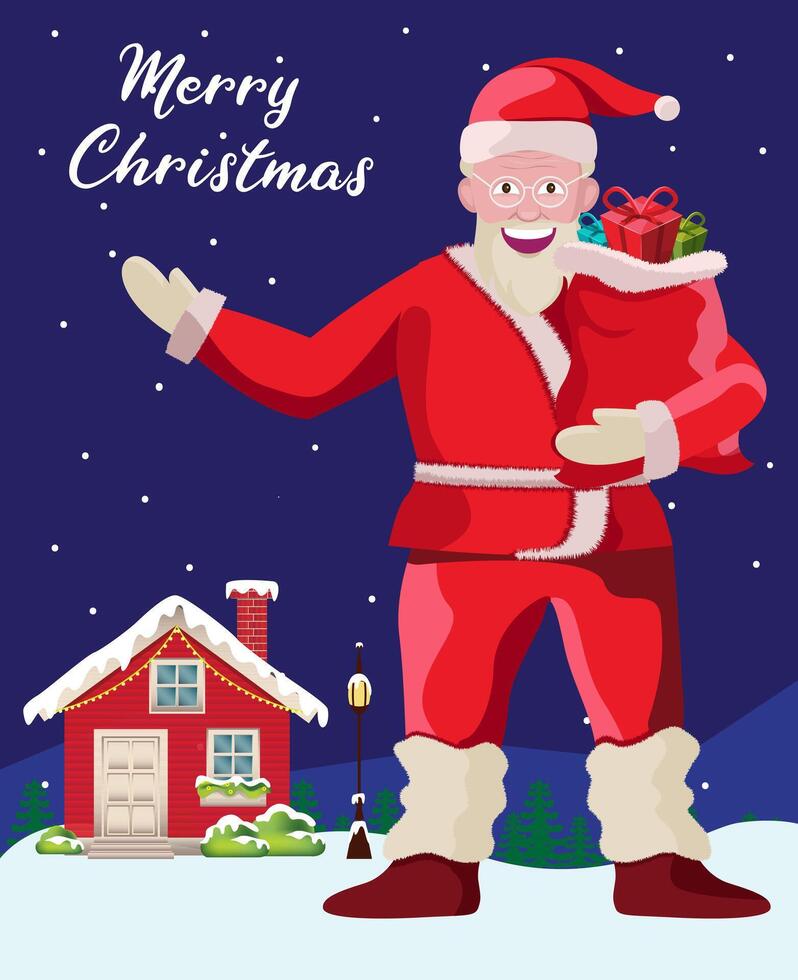 santa claus standing outside home in snow vector