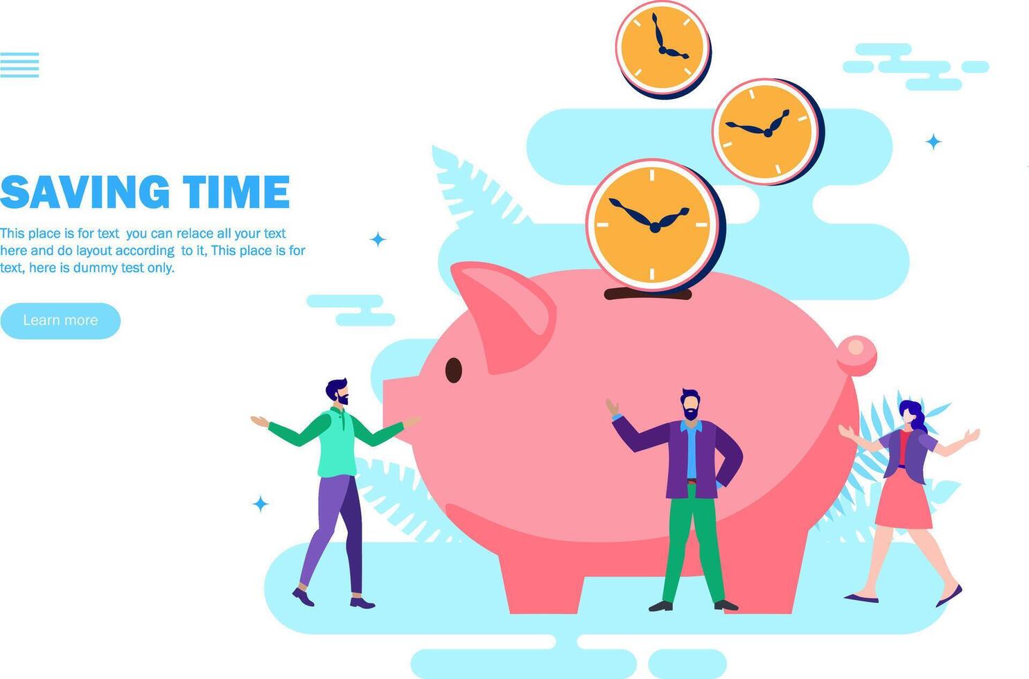 team saving time with piggy bank and clocks vector