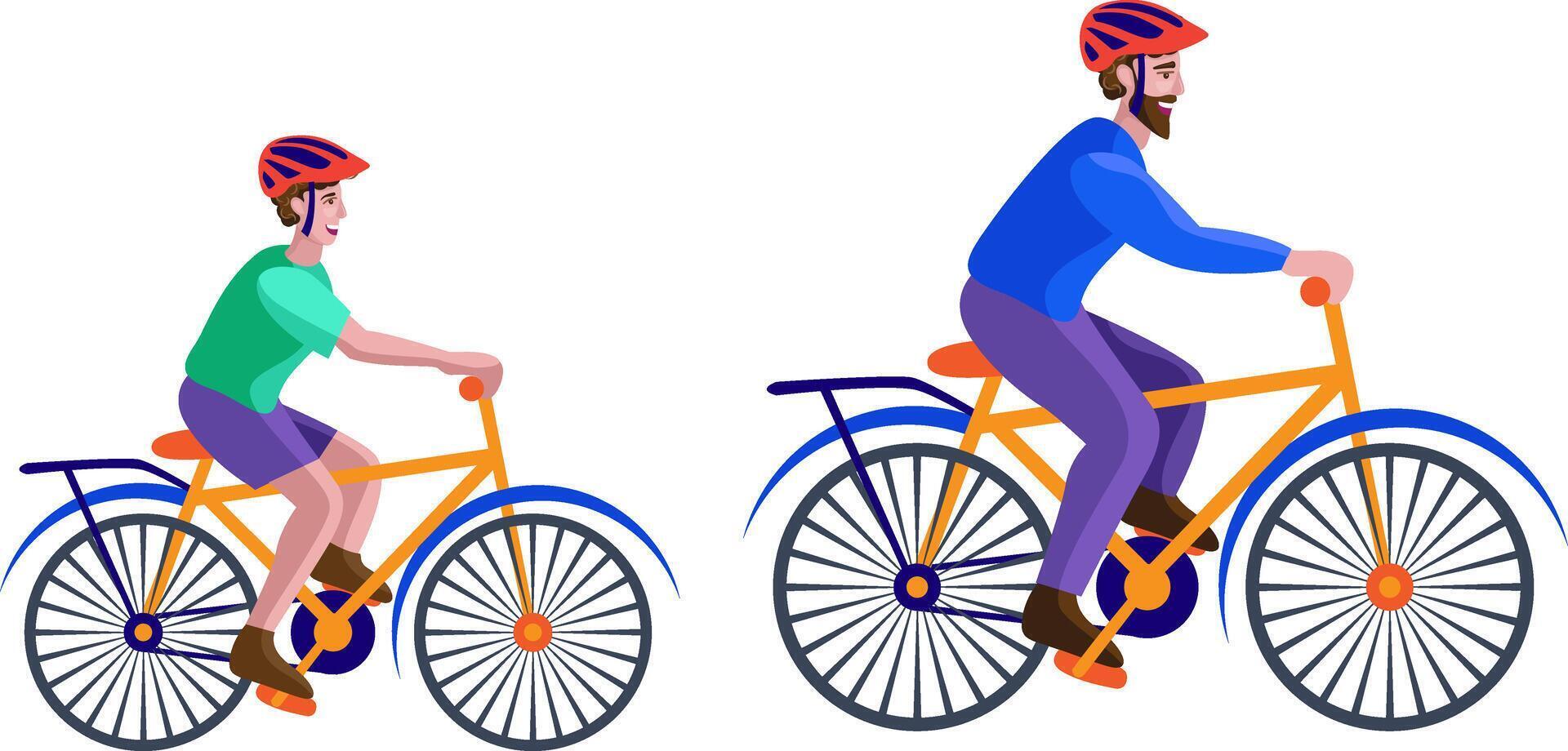 father and son cycling isolated vector