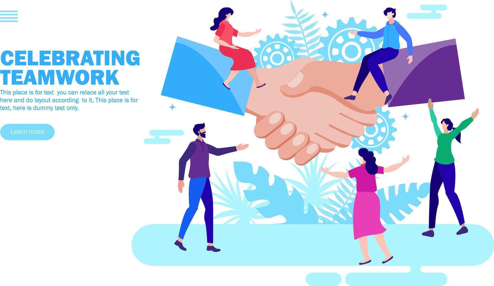 people celebrating teamwork and together with big shake hand, sitting on hand vector