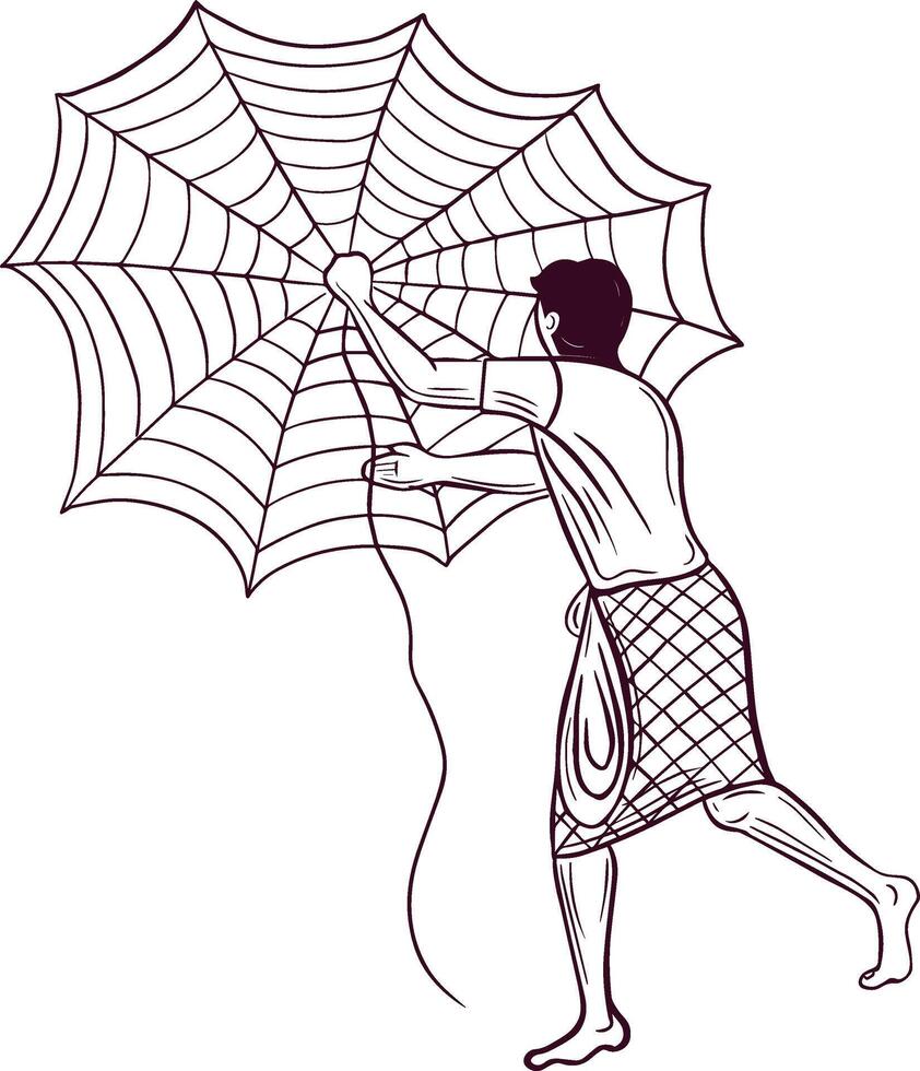 indian fisherman throwing net line drawing vector