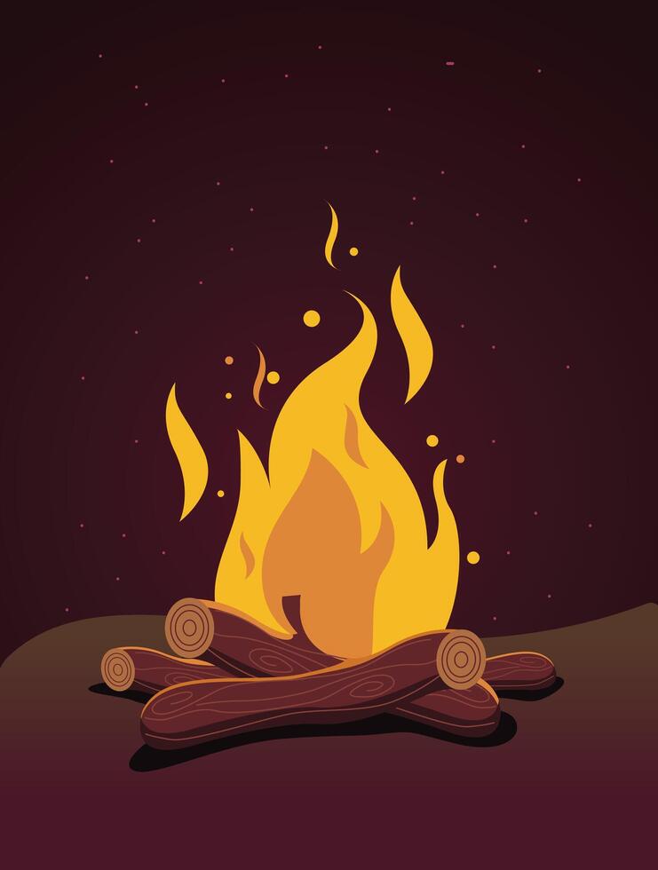 burning bon fire in night, vector material. Wood and fire, Night